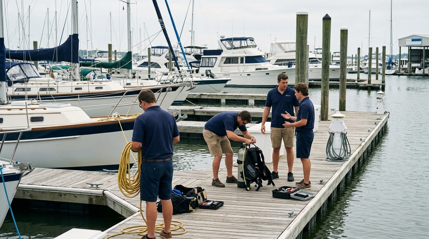 A dive crew checking tanks and tools on a floating dock at a Hampton Roads marina, sailboats and motor yachts moored behind them.