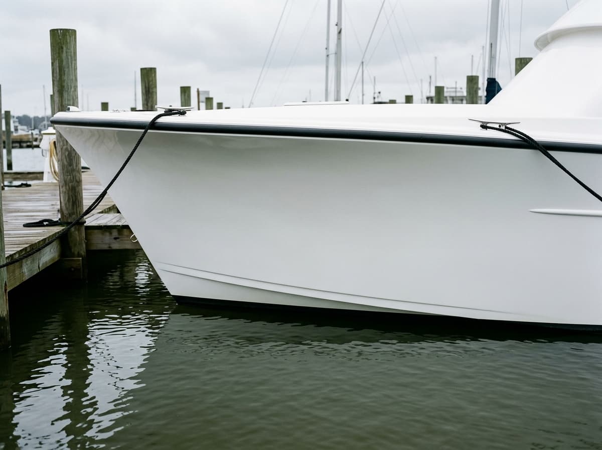 White topsides with waterline staining and streaking, alongside the same hull washed and waxed.