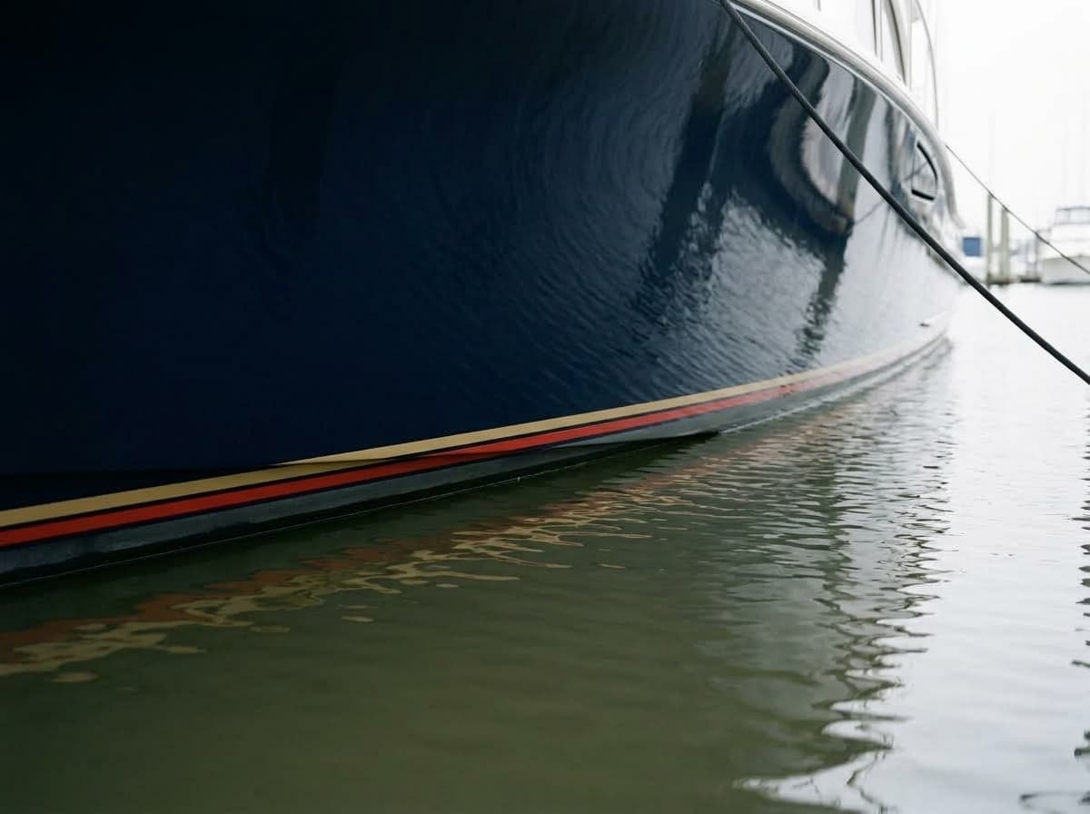 A dark hull at the waterline carrying growth and rust staining, alongside the same hull cleaned back to a polished boot stripe.