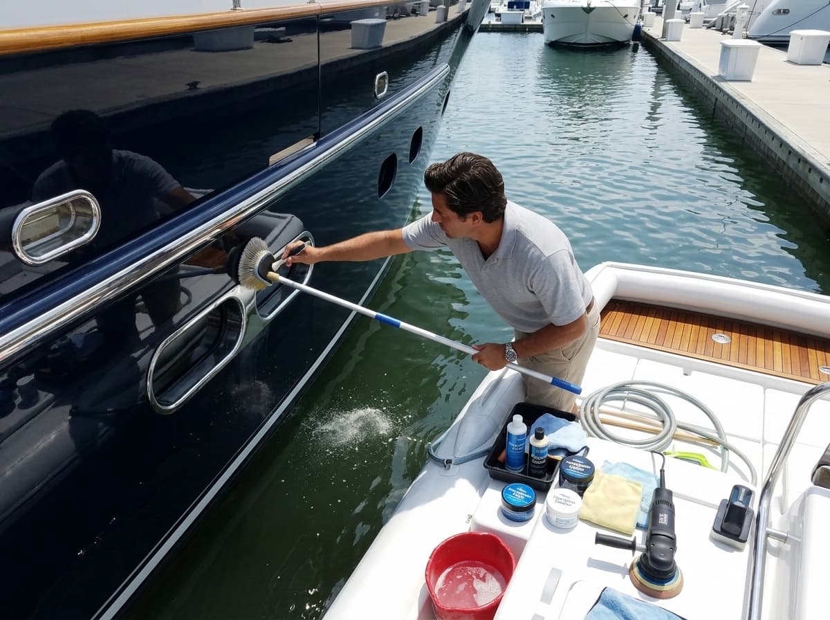 A Sea Strong Marine detailer washing down the topsides of a boat from her swim platform at a Hampton Roads marina.