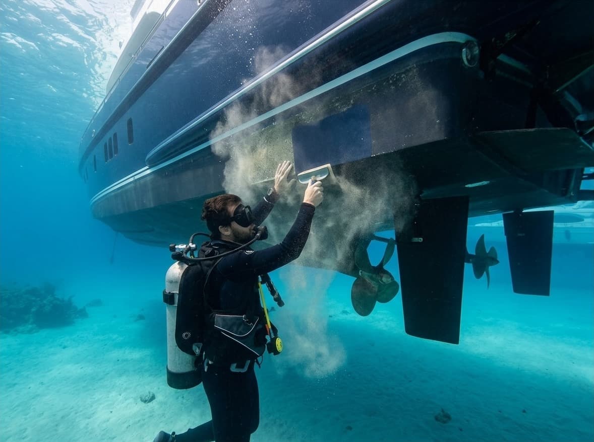 A Sea Strong Marine diver cleaning growth off a boat hull below the waterline.