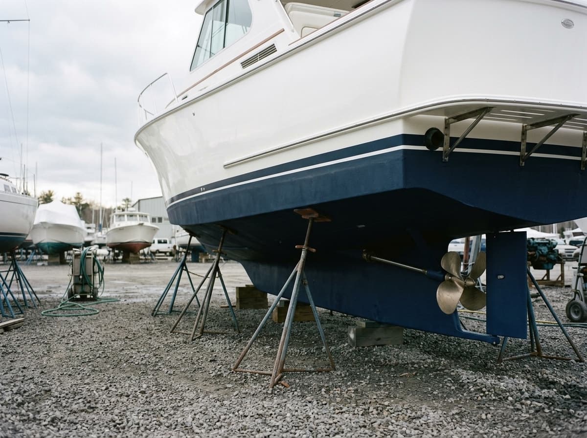 A motor yacht on stands in a Hampton Roads boatyard with fresh antifouling below a crisp boot stripe.
